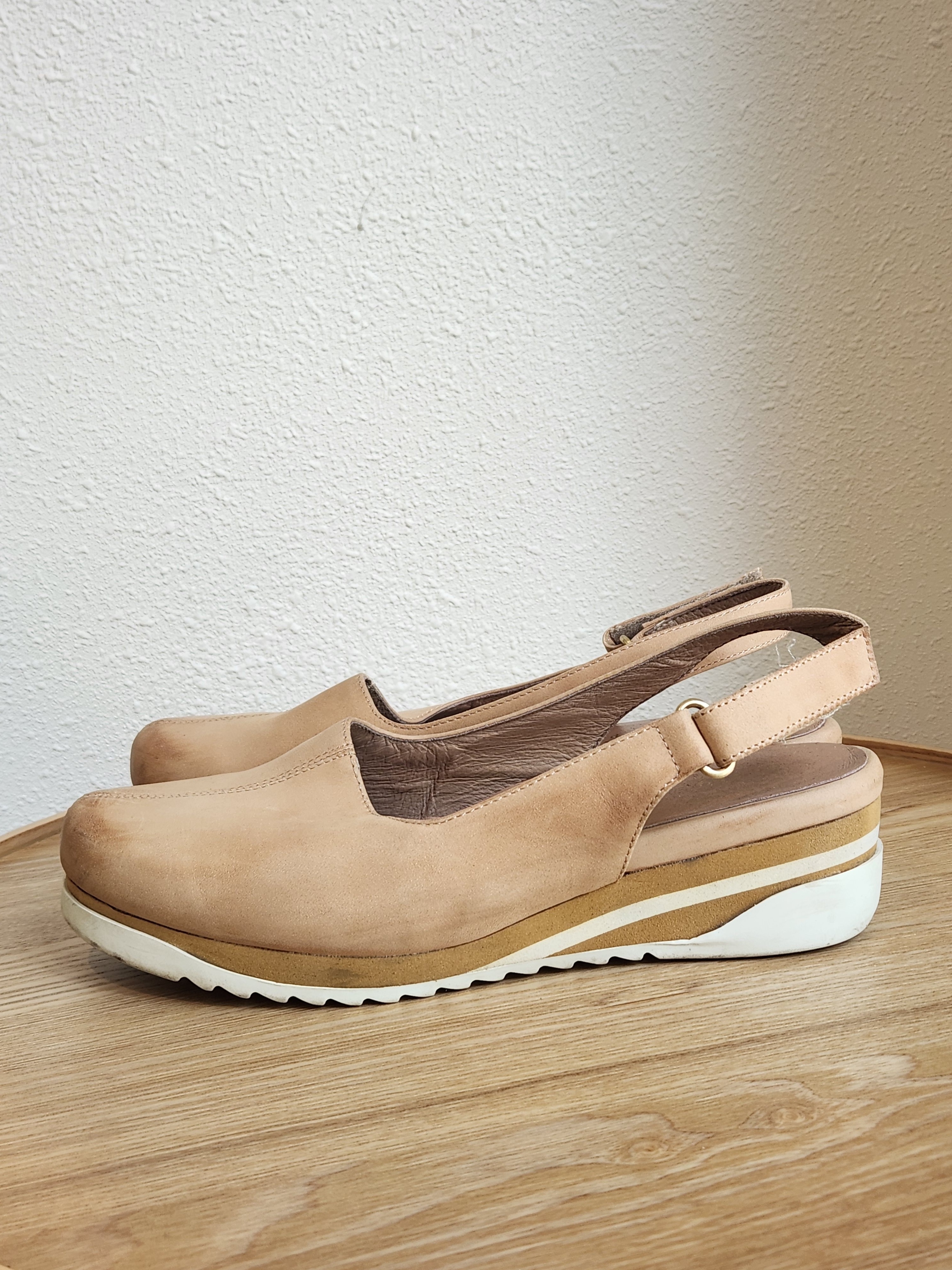 Bettye Muller Tan Slingback Wedge Mules